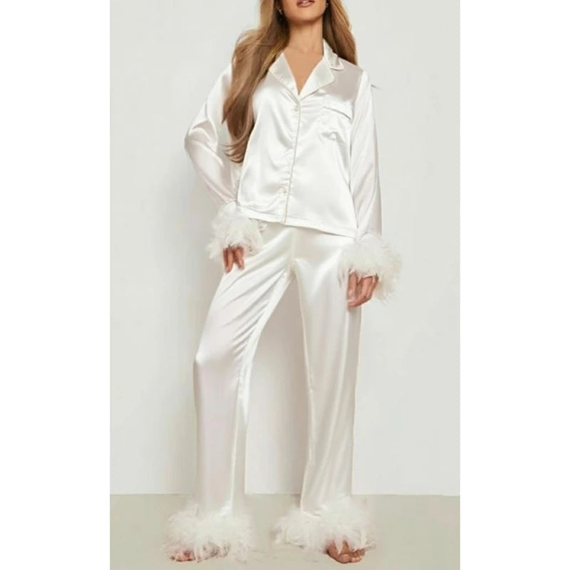 Combhasaki Women's Silk Satin Pajamas Set Feather Trim Cuff 2 Piece.