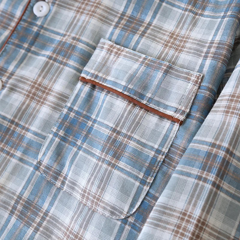 Men's Pajama Set Spring/Summer Checkered Simple Long sleeved Two Piece.