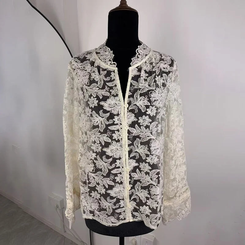 Tossy Sexy Lace Hollow Out Shirts Women Printed Casual See-Through.