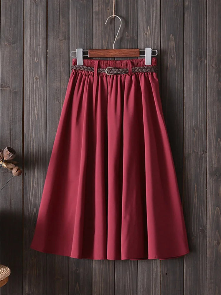 Midi Knee Length Summer Skirt Women With Belt Fashion Korean Ladies.