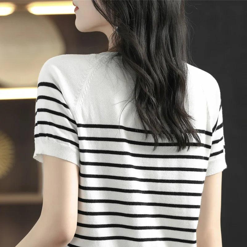 cotton T-shirt women's knitted striped short sleeved casual round neck.