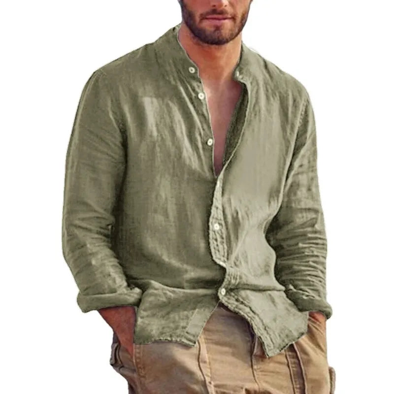 Sweatwear Men's Long Sleeve Shirt Linen Solid Color Shirts Trend Stand Collar.