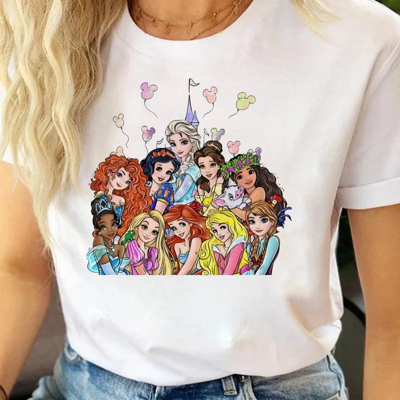 Fashion Disney Princess Printed T Shirt Watercolor Magic Castle Princess Women.