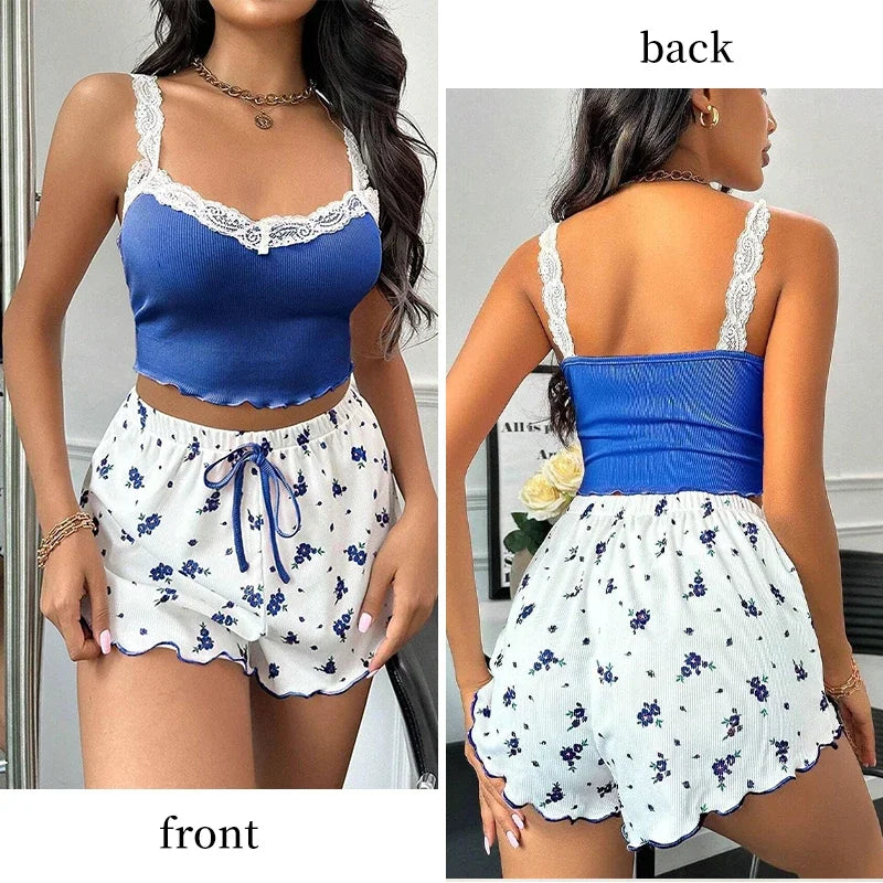 Women's Pyjamas Two-Piece Summer Ribbed Knitted Flower Print.
