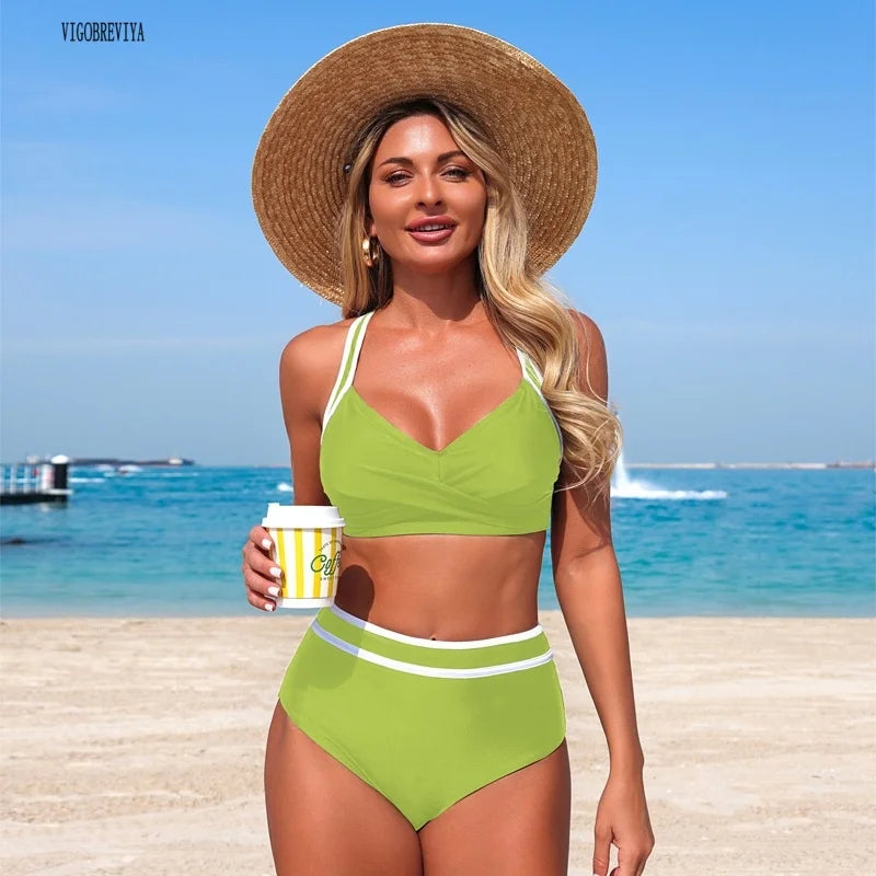 VigoBreviya Black High Waist Bikini Set Women Summer Striped Swimwear.