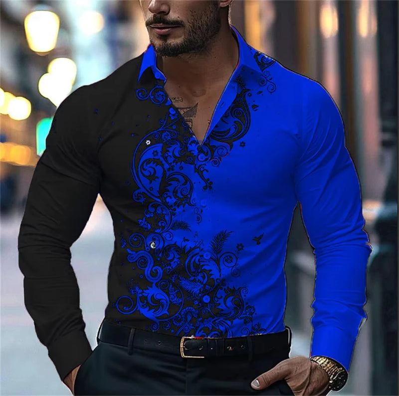 Men's Stylish Red Floral Print Dress Shirt - Casual Long Sleeve Button-Up.