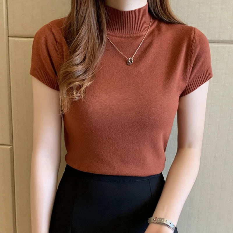 Half-High Neck T-Shirt Women's Fashion Jumper Casual Tops.