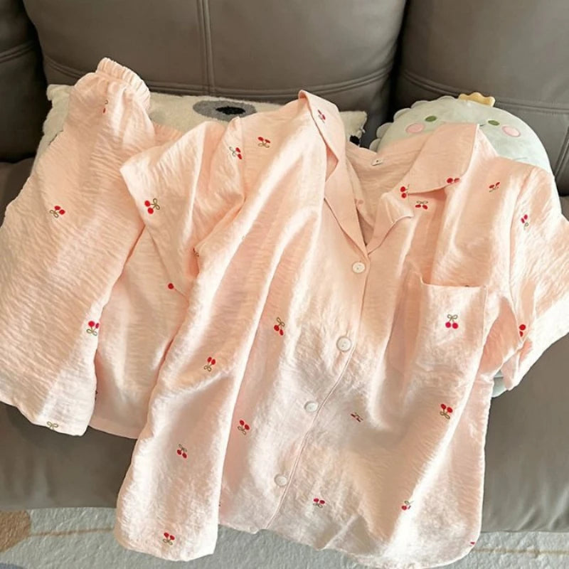 Comfortable Short Sleeved Shorts Cardigan Student Pajamas Women's Summer.