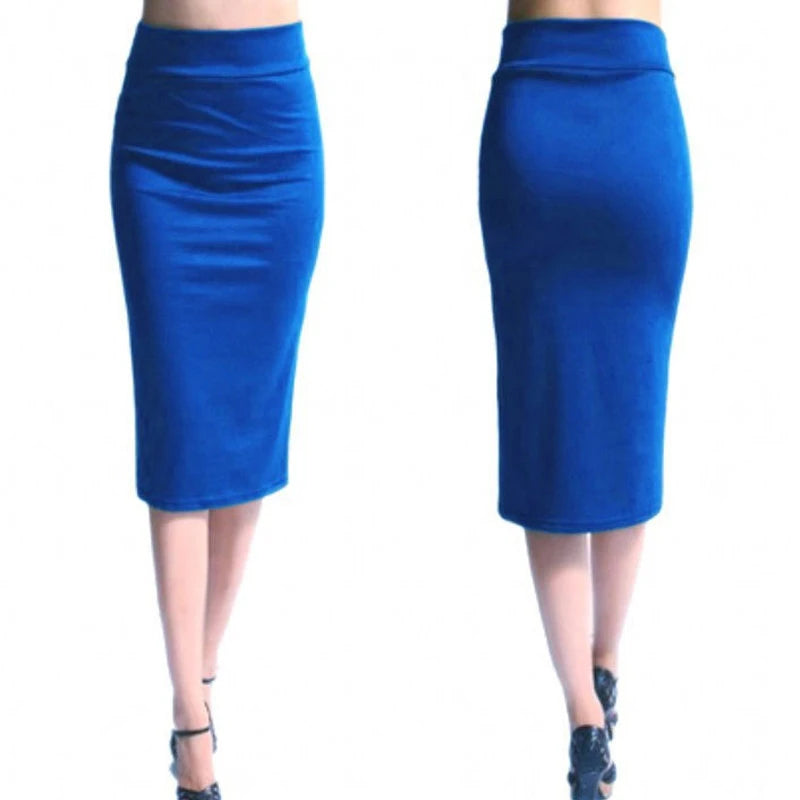 Women Pencil Skirt High Waist Mid-Calf Female Jersey Skirts.