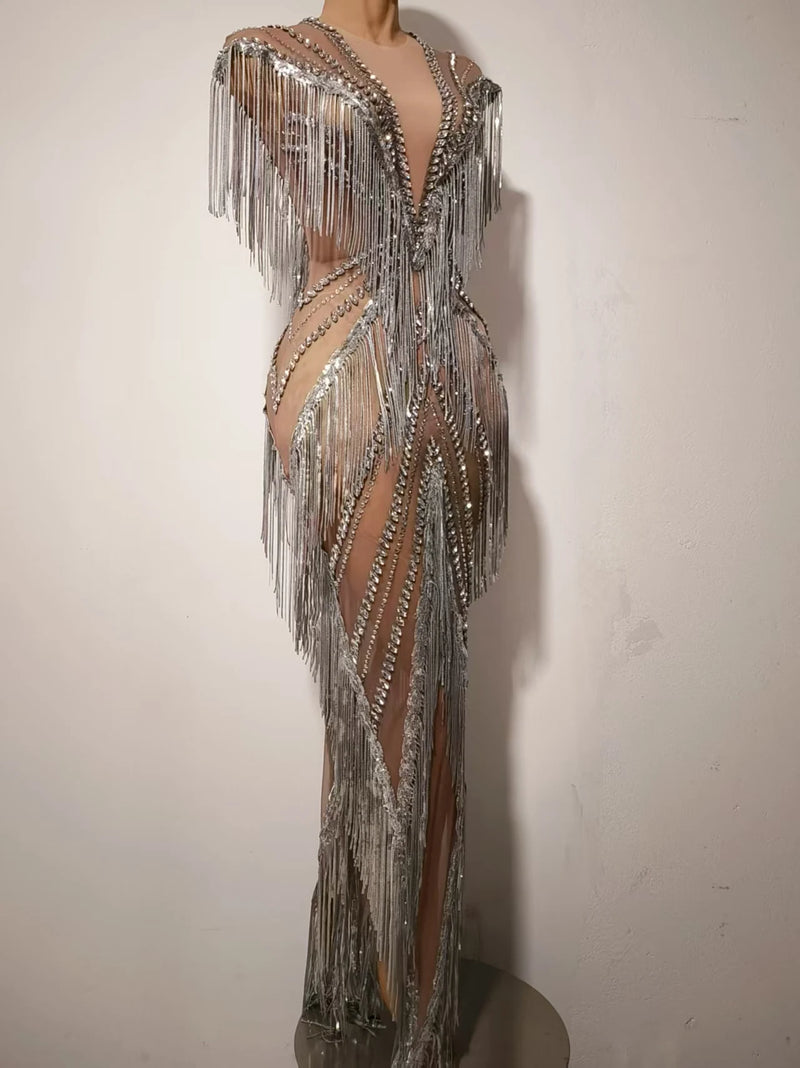 Women Sexy Mesh Sparkly Rhinestone Tassels Stretch Long Dress.