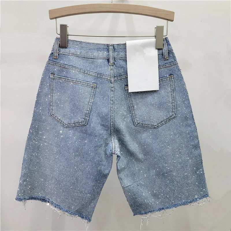 Denim Shorts Women Short Pants Diamonds High Waist.
