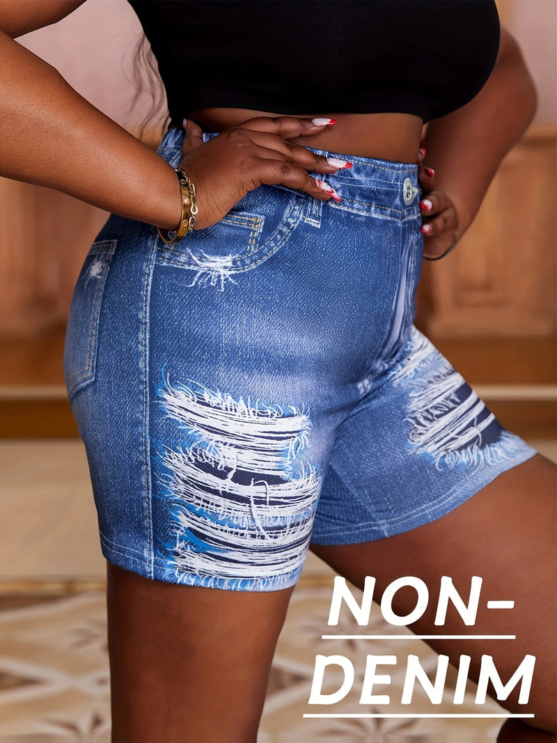 Women's High stretch Faux Denim Shorts with Fake Distressed Details.