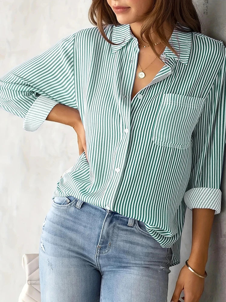 Women Long Sleeve Striped Loose Shirt Office Lady Elegant Turn Down.