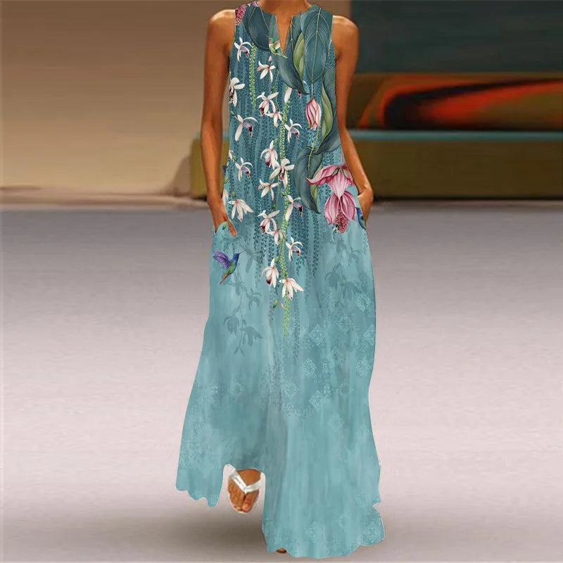 Vintage Print Maxi Dress For Women.