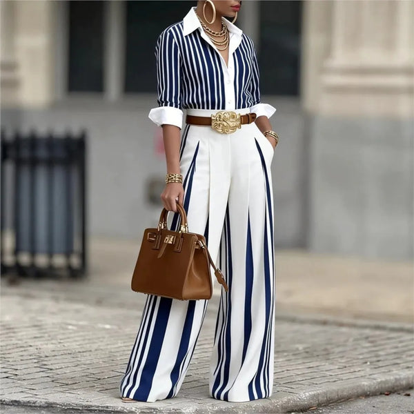 Spring Autumn Fashion Printed Striped Long Sleeve Shirt Women Suit.