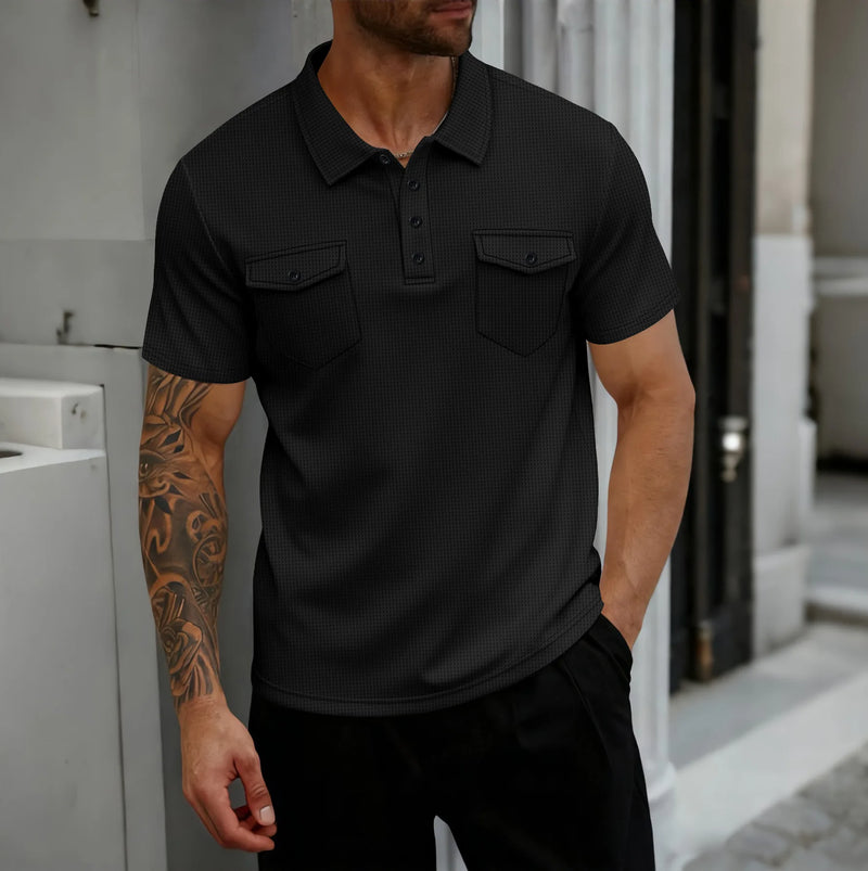 Men’s  button-down solid-color short-sleeved POLO shirt casual T-shirt.