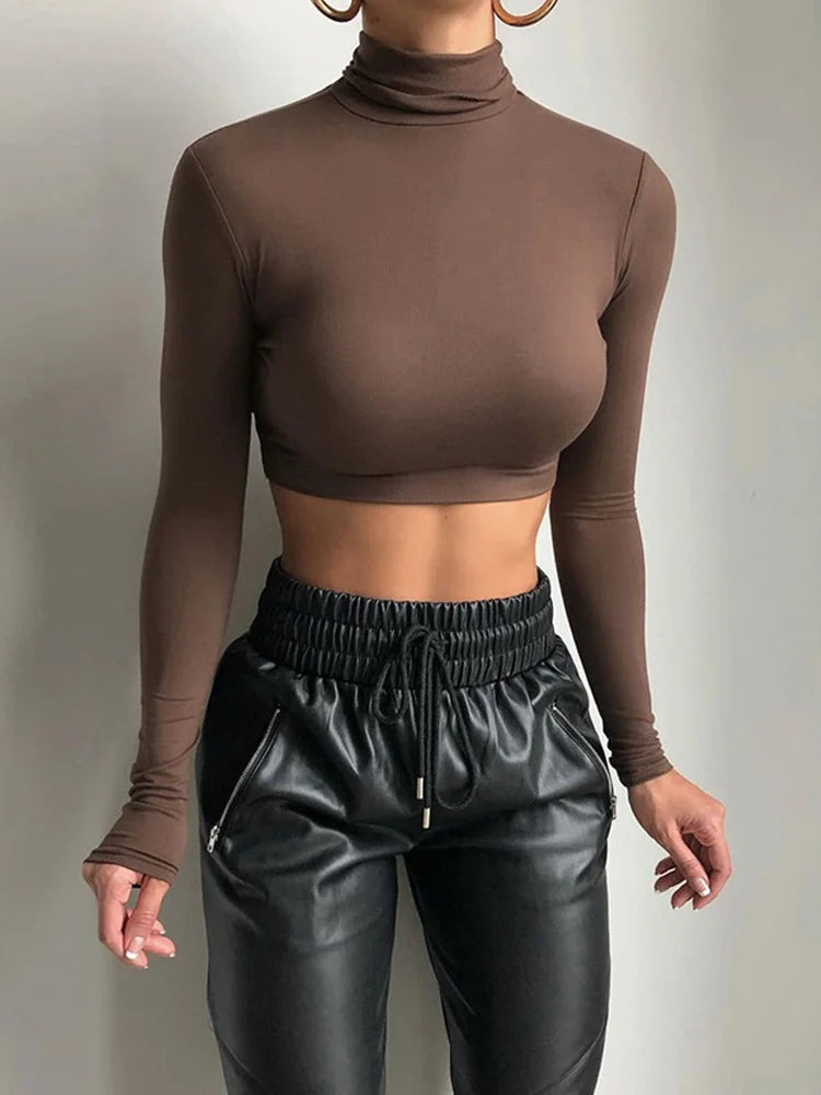 Basic Sheath Women Solid Turtleneck Tshirt Autumn Stretch.