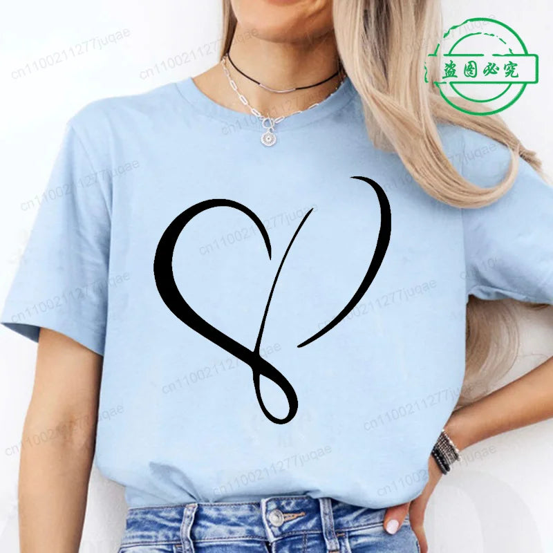 Women Love Heart Design T-Shirts Fashion Casual Short Sleeve.