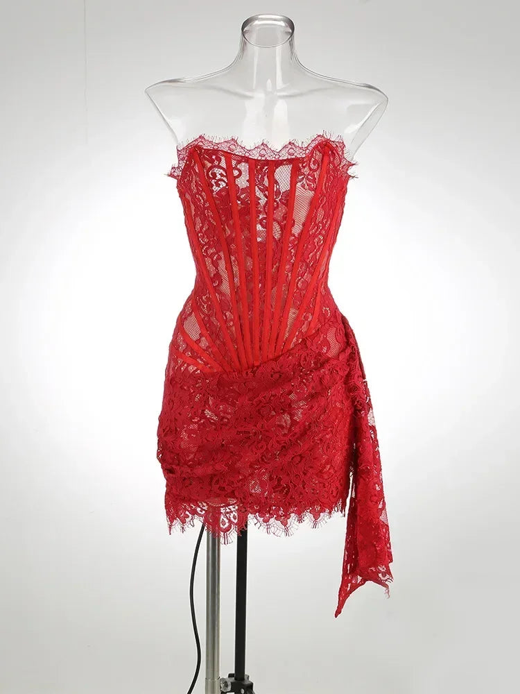 Women’s Sexy Lace See-through Patchwork Corset Dress.