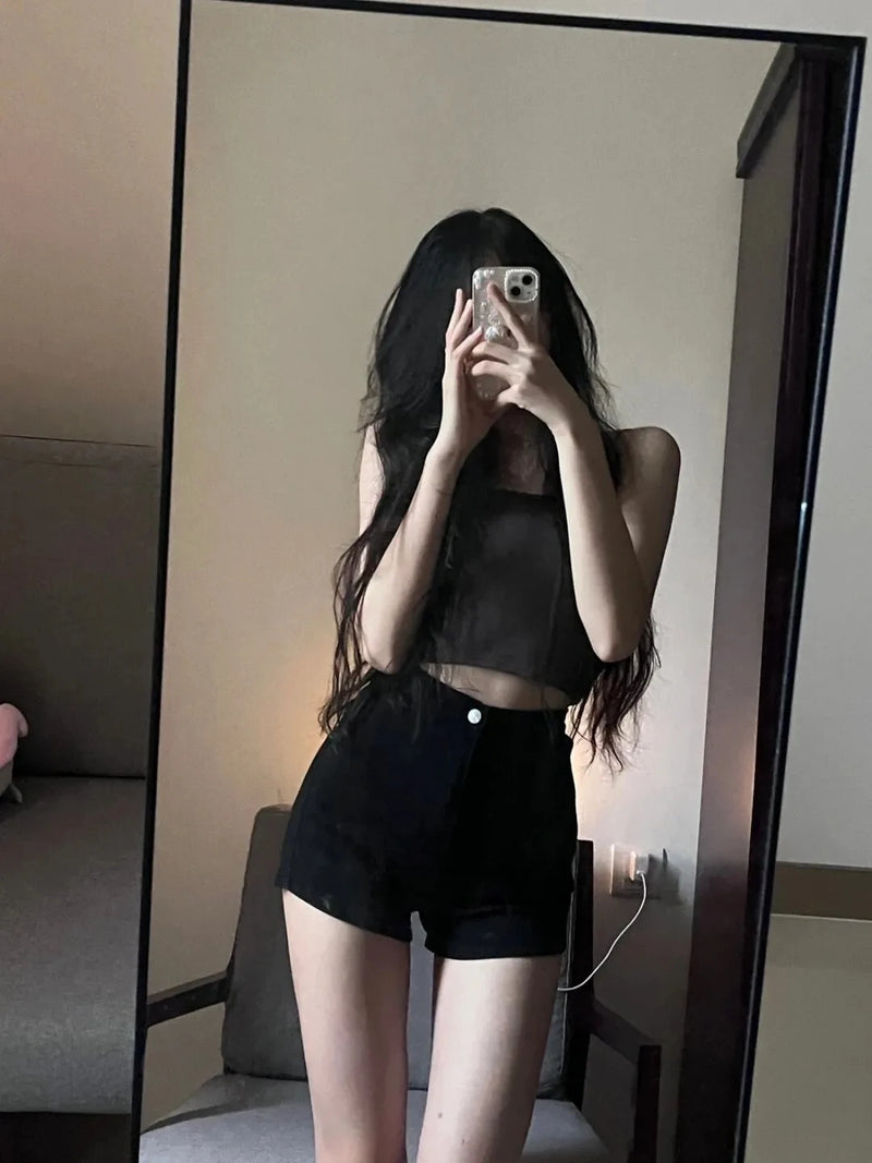 Black High-Waist Skinny Jeans Shorts for Women Trendy Slimming Booty.