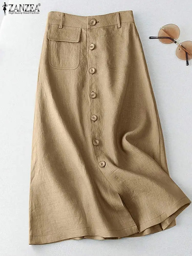 Elegant Cotton Midi Skirts Casual Button Up A-line Skirt Women High Waist.