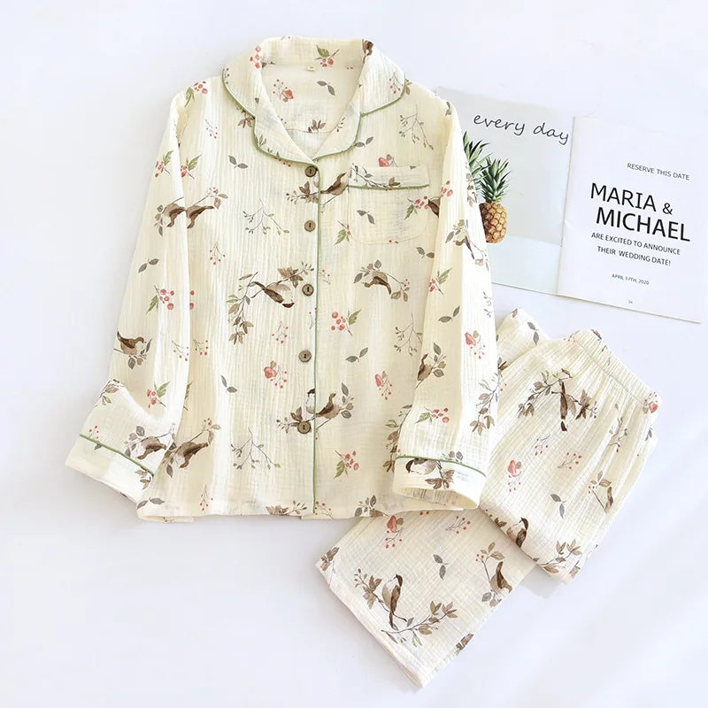Women's Pajama SetCotton Crepe Cute Love Long Sleeve Long Pants.