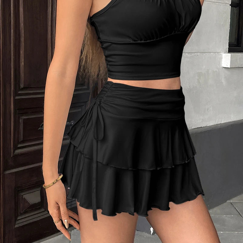 Solid Color Ruffles Mini Skirts Women Korean Summer High Waist.