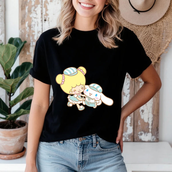 Cinnamoroll and Fufu Sweet Shop Buddies Print Cotton T Shirt for Women.