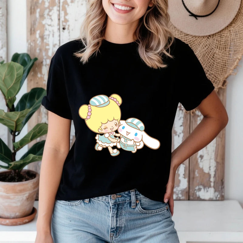 Cinnamoroll and Fufu Sweet Shop Buddies Print Cotton T Shirt for Women.