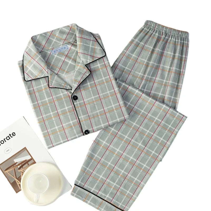 Men Pyjamas Fall and Winter Plaid Simple Sleepwear Homewear.