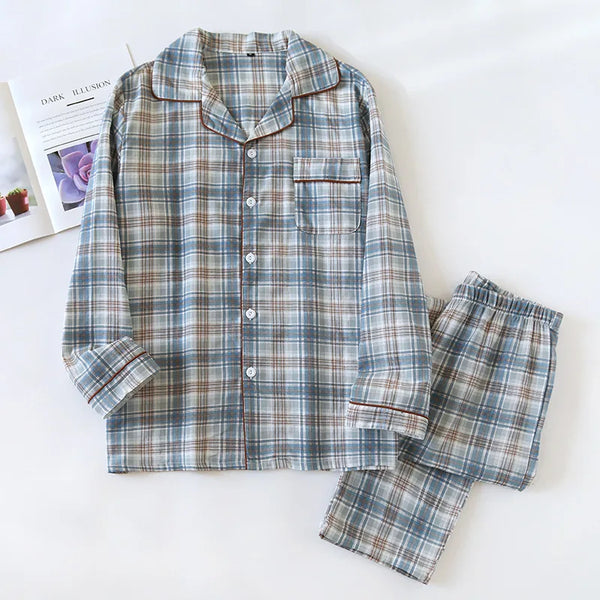 Men's Pajama Set Spring/Summer Checkered Simple Long sleeved Two Piece.