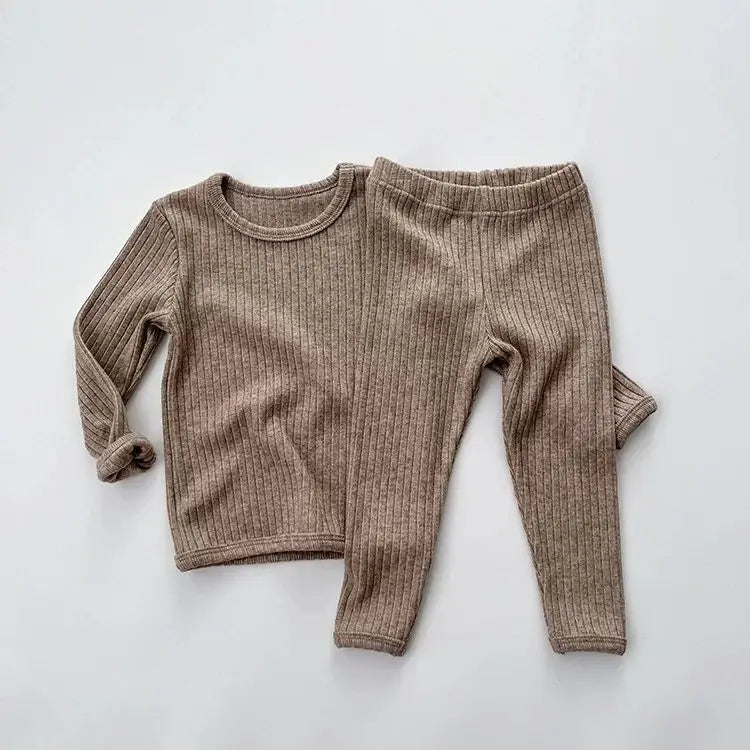 Kids Girls 2PCS Pajamas Set Cotton Round Collar Ribbed.