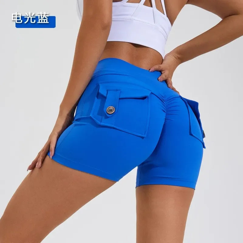 Fitness Exercise Three-Quarter Pants Cargo Air Dry Pocket Yoga Tight lift the hips Women's Shorts.