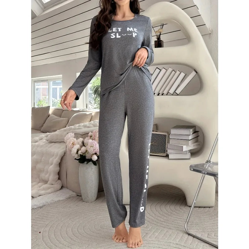 Women's Pajamas Set Letter Long Sleeve Top And Pants Sleepwear 2 Piece.