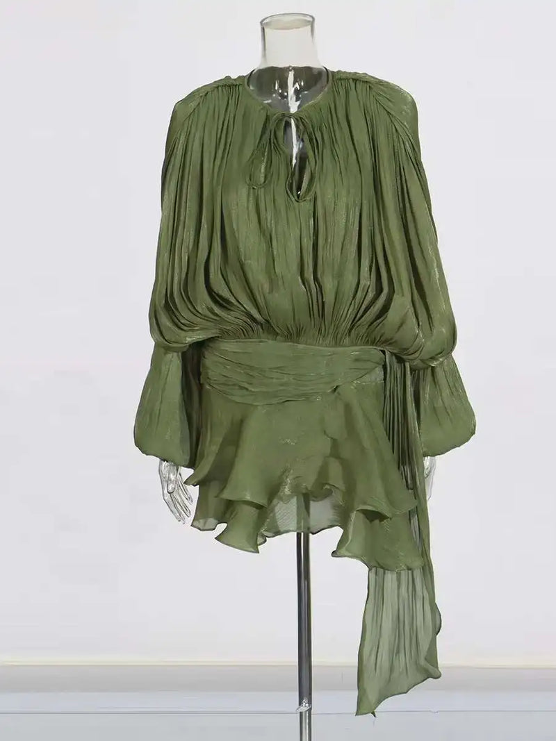 TWOTWINSTYLE Solid Blouse Mini Dresses For Women V Neck Long Sleeve.