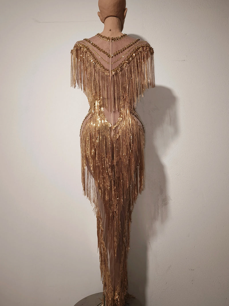 Women Sexy Mesh Sparkly Rhinestone Tassels Stretch Long Dress.