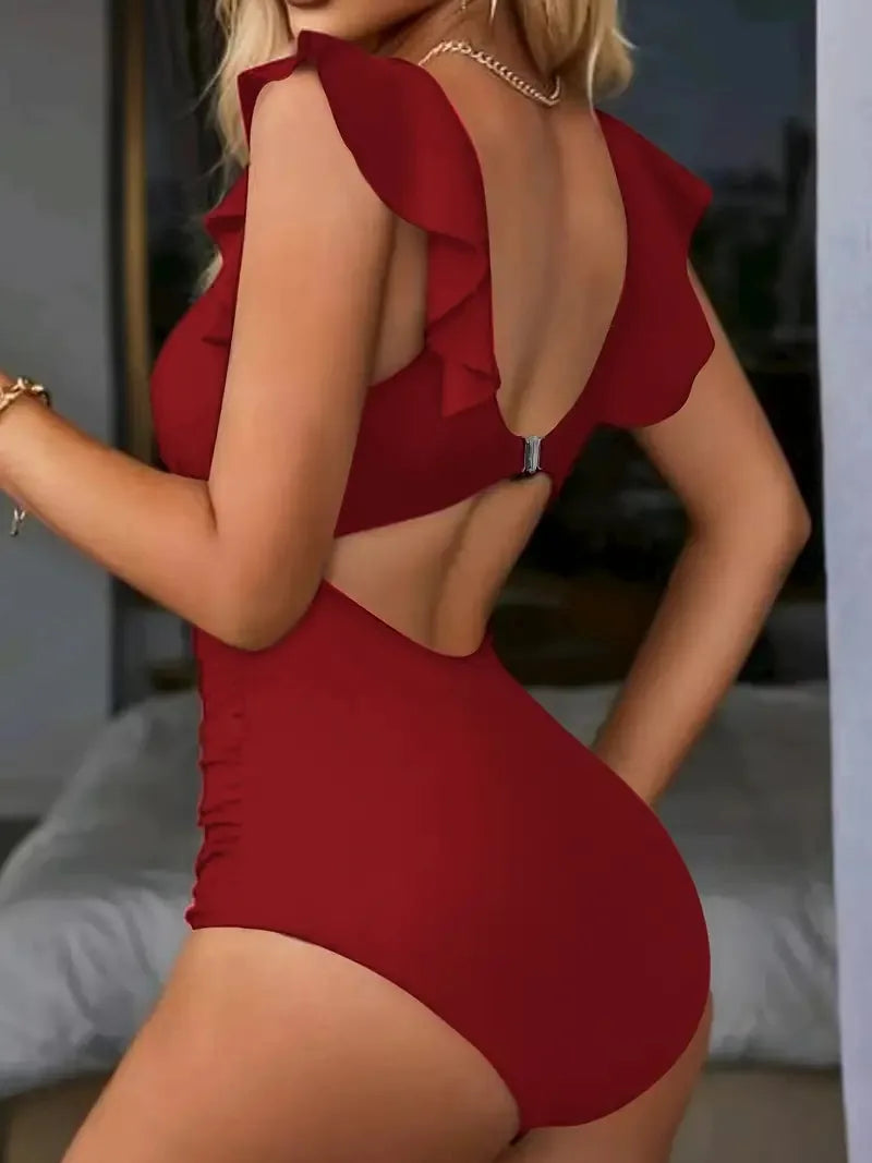Contrast Mesh One Piece Swimsuit, V Neck Solid Color Backless Tummy.