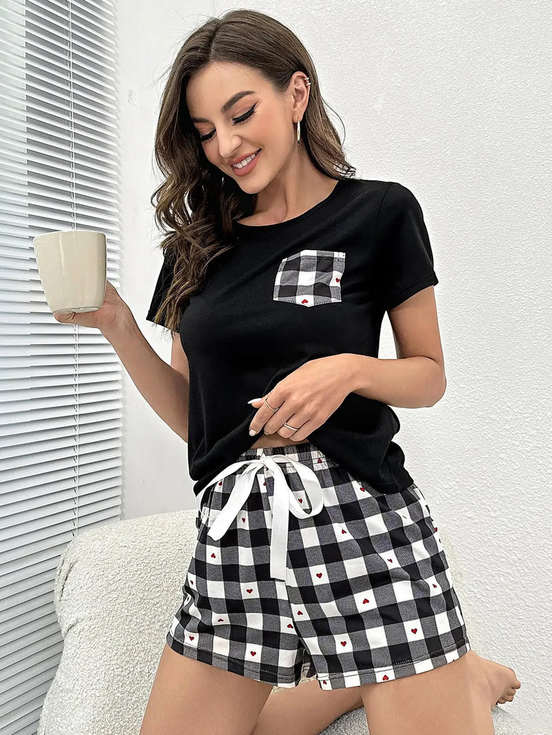 Summer Women's Pajamas Set Screw Neck Tee & Shorts Sleepwear 2 Pieces.
