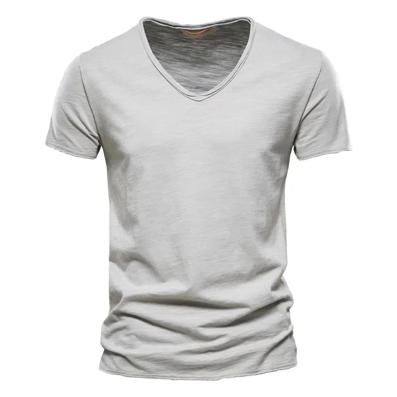 Spring Summer Cotton T Shirts Men Simple VNeck Stretch.