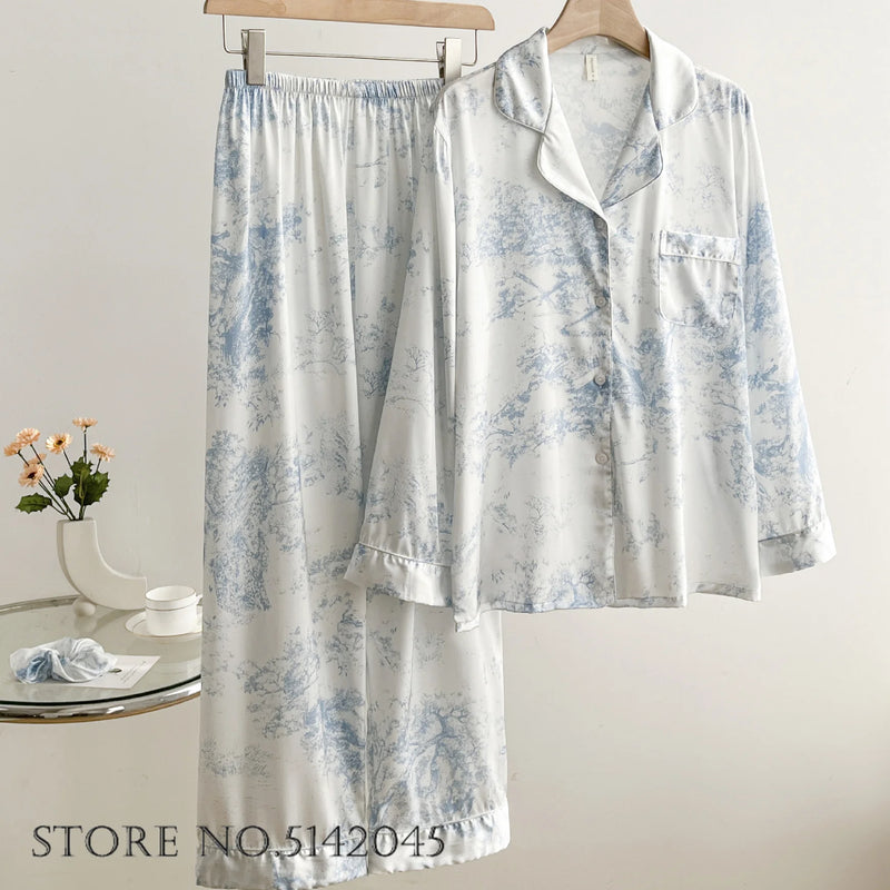 Female 2pcs Pajamas Set Sleepwear Long Sleeve Trouser Pijamas Suit.
