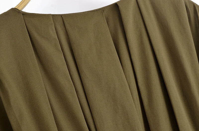 Women's New Fashion V-neck Pleated Down Shoulder Short Sleeve Midi Dress.