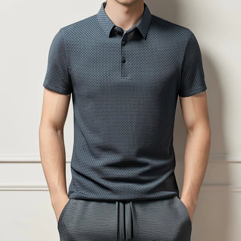 Men's Business Casual Short Sleeved Bone Flower Solid Color POLO Shirt.