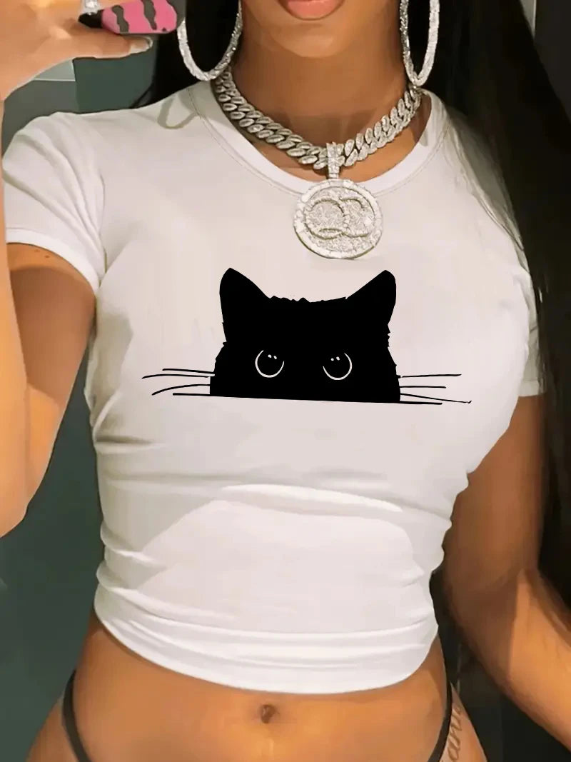 Sexy Cropped Comfortable Cat T Shirt Print Crop Top Short Sleeve Crew Neck.