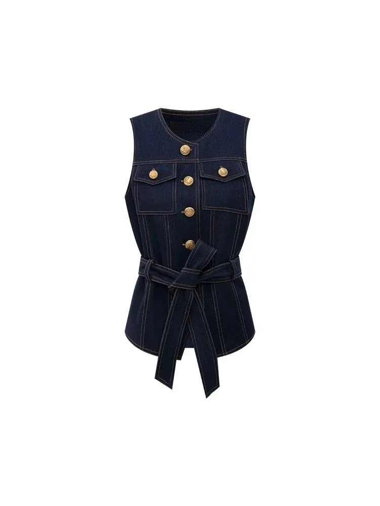 American dark blue high waist denim shorts suit women's.