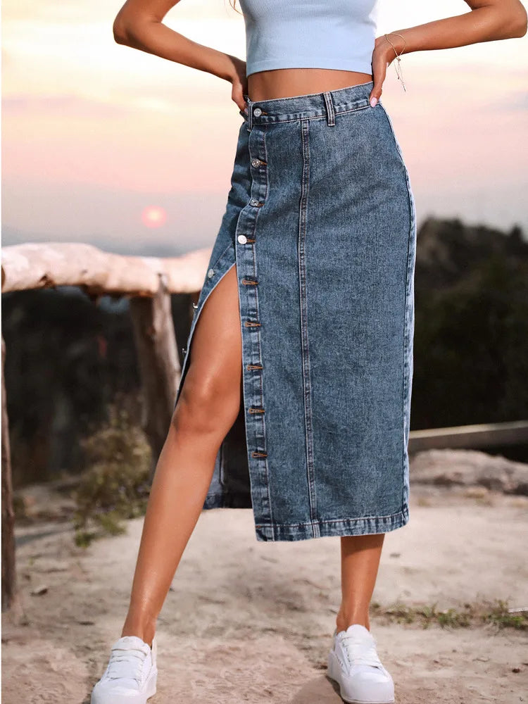 Plus-size Women's Straight Button A-line With Slit Long Denim Skirt.