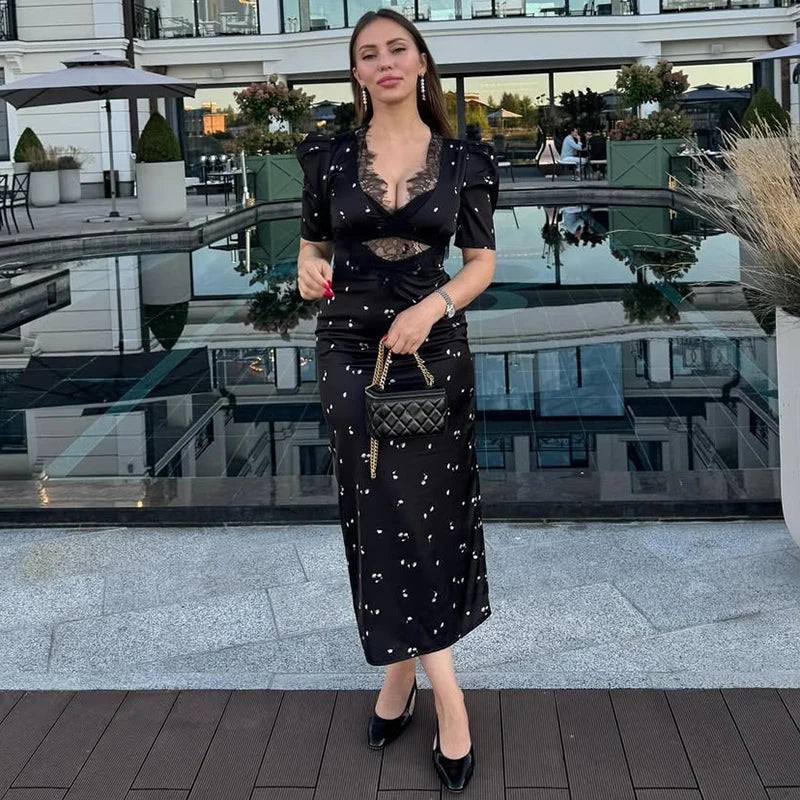 Sexy Hollow Lace Dress Women's Fashion Short Sleeve Elegant.