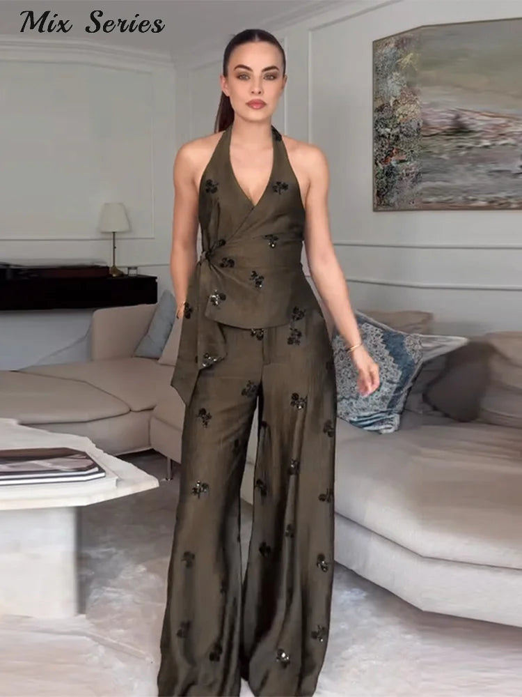 Fashion Sequin Solid Two-Piece Set Women's V-Neck Halter Lace Up Backless.