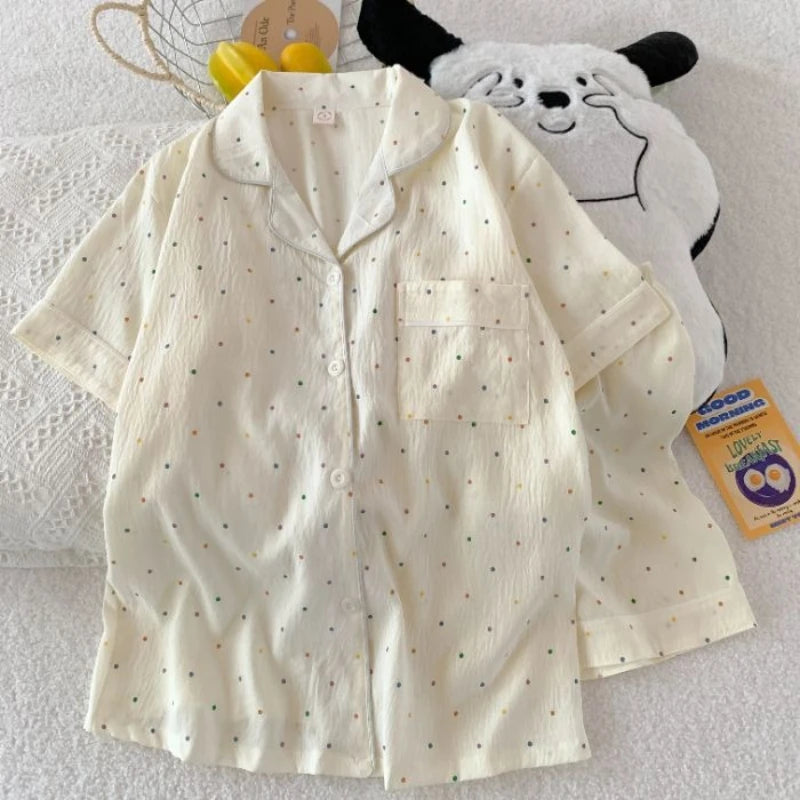 Comfortable Short Sleeved Shorts Cardigan Student Pajamas Women's Summer.