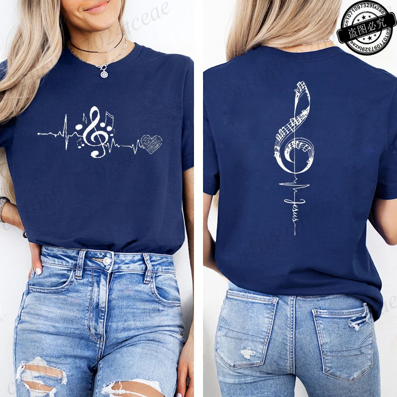 Musical Notes Printed T-Shirt for Women,Heartbeat Music Graphic Tee.
