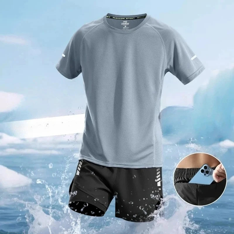 Sport Short Sleeve Tracksuit Ice Silk Quick Drying Fitness Clothes Running Sportswear.